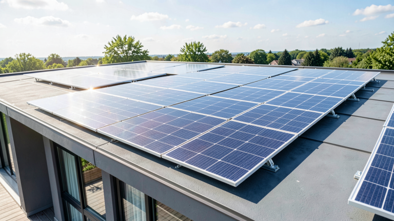 cout panneau solaire installé sur le toit d'une habitation moderne sous un ciel clair