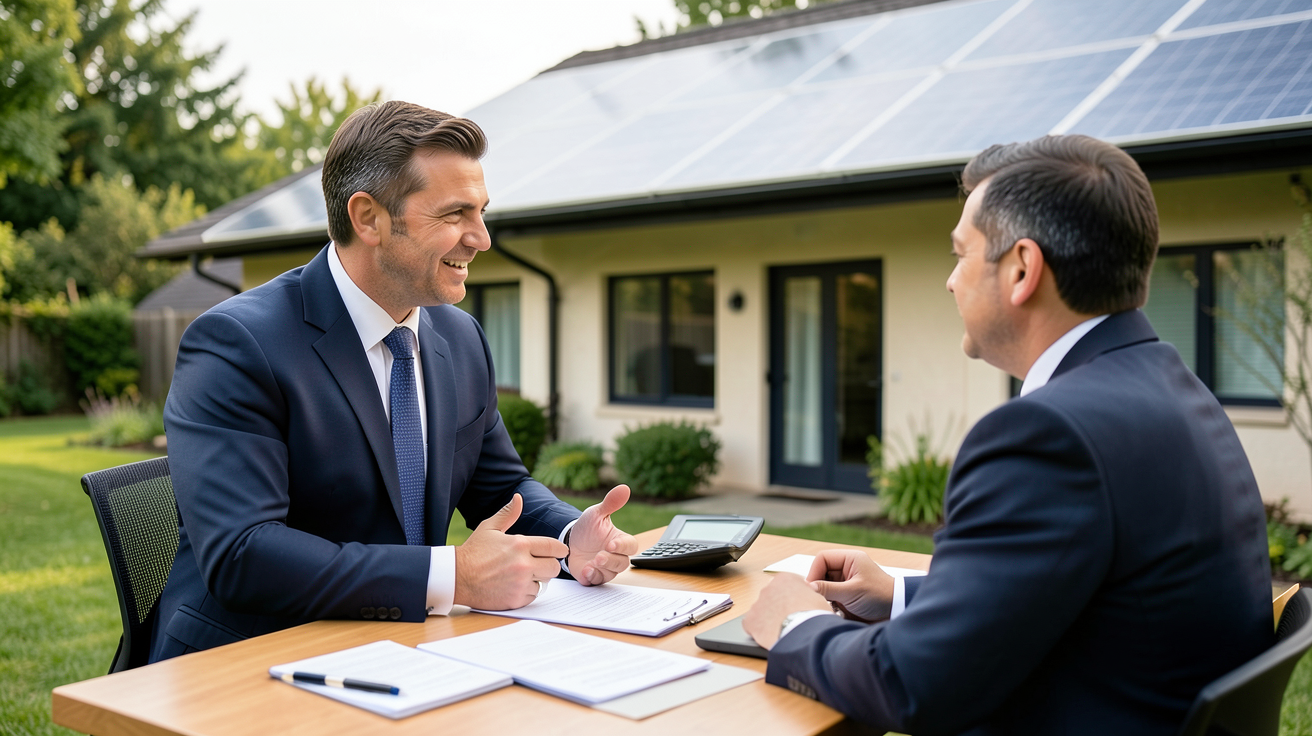 cout d'un panneau solaire photovoltaïque : professionnel expliquant un devis précis à un client devant une maison équipée de panneaux solaires