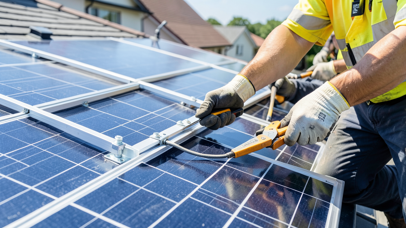 cout panneaux photovoltaique illustré par une équipe de techniciens installant des modules solaires sur une toiture.