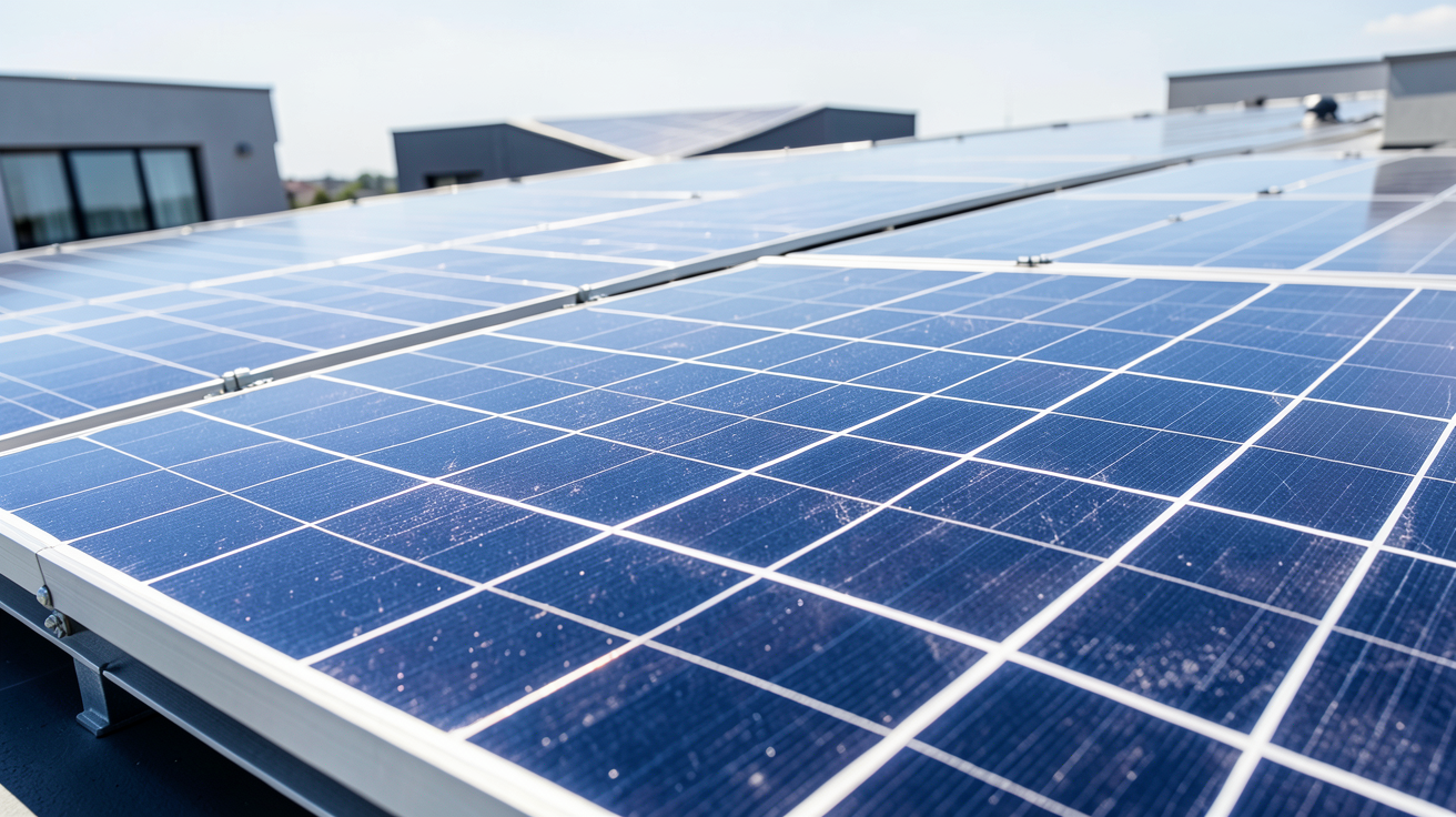cout panneaux photovoltaique illustré par une vue rapprochée de panneaux solaires de haute qualité sur un toit.