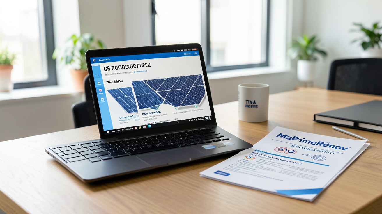 coût de panneaux photovoltaïques illustré par un calculateur et des documents d'aides financières 2026