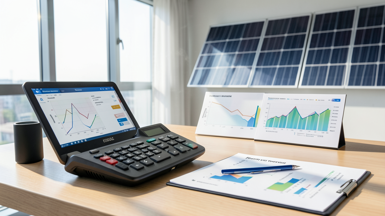calcul du retour sur investissement des panneaux solaires sur un bureau moderne avec graphiques et calculateur