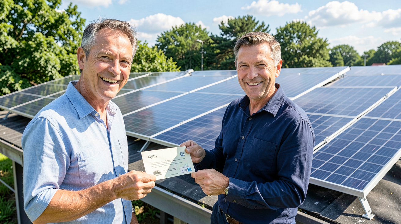 coût panneaux solaires photovoltaïques propriétaire recevant un chèque devant des panneaux photovoltaïques, illustrant les aides financières 2026