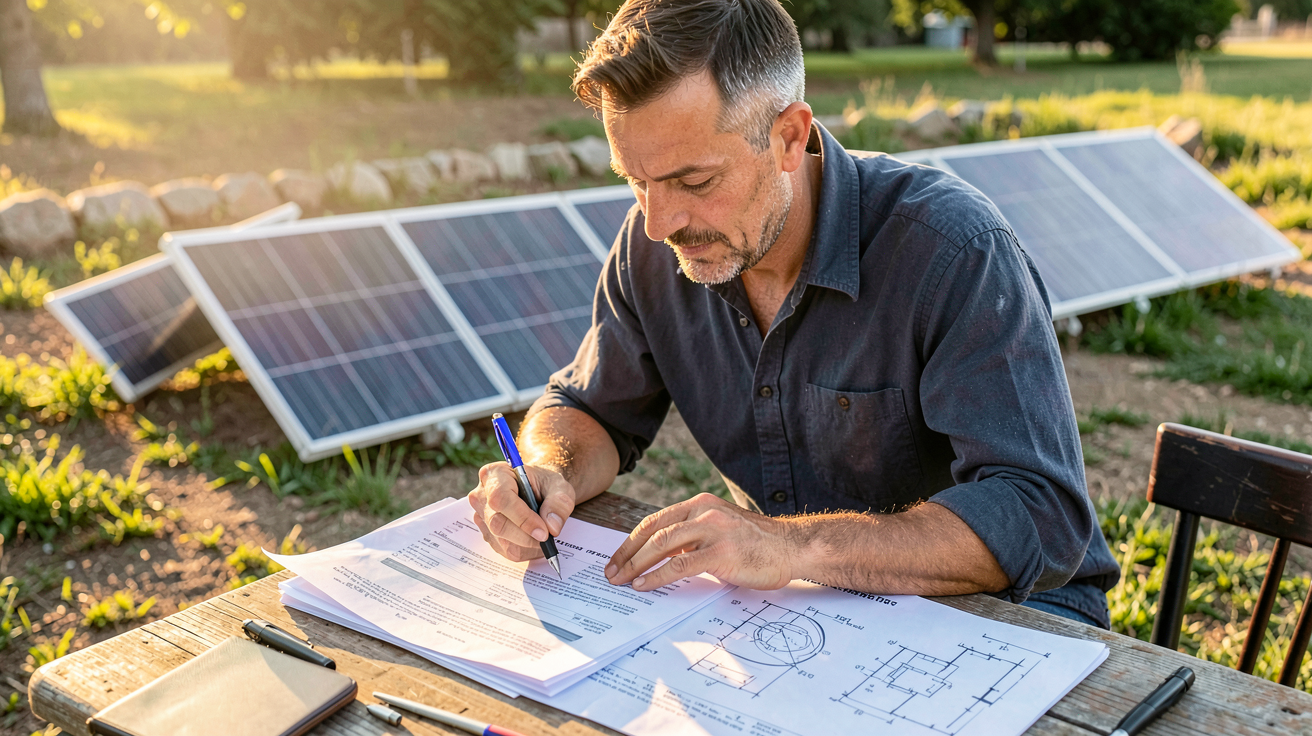 coût panneaux solaires photovoltaïques : installateur analysant des devis et des plans techniques pour une installation solaire