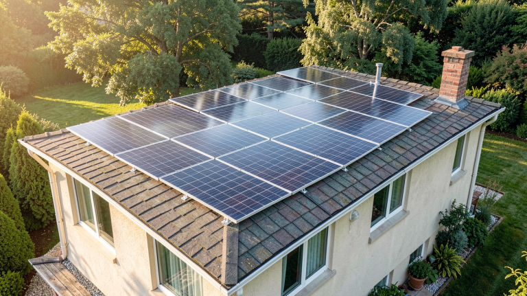 coût panneaux solaires photovoltaïques installation sur toit de maison individuelle avec technicien en action