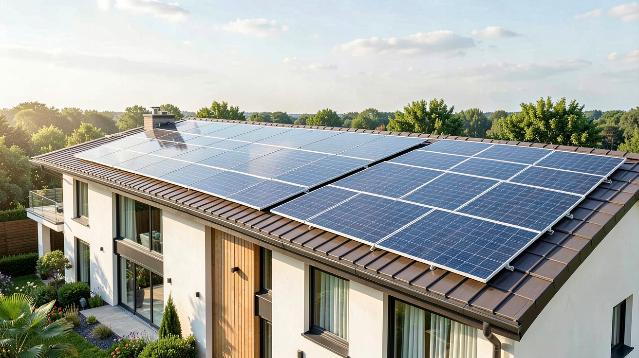 coût panneaux solaires photovoltaïques installés sur la toiture d'une maison moderne sous un ciel dégagé.