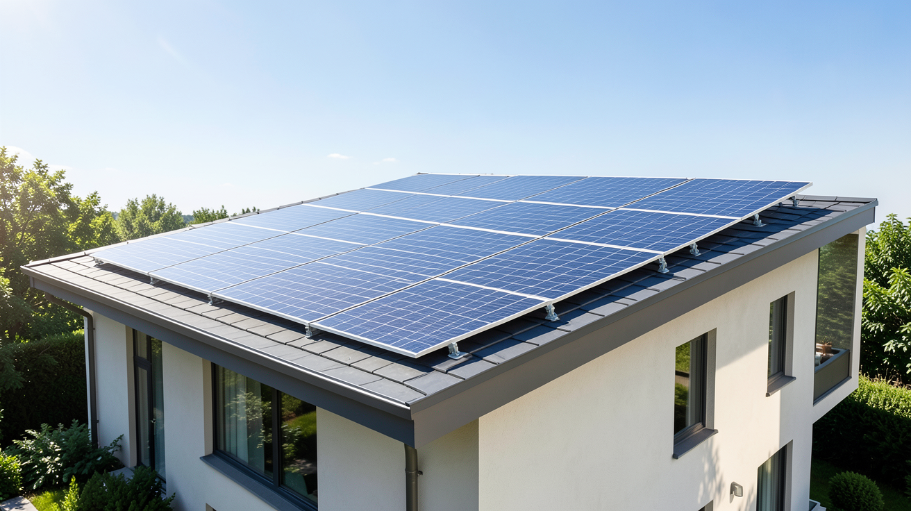 cout photovoltaique m2 illustré par des panneaux solaires installés sur le toit d'une maison moderne et lumineuse