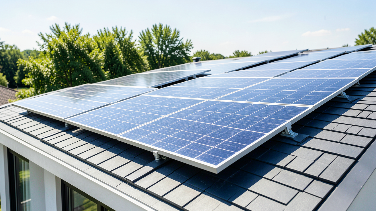 cout photovoltaique m2 représenté par une installation de panneaux solaires sur une toiture résidentielle moderne