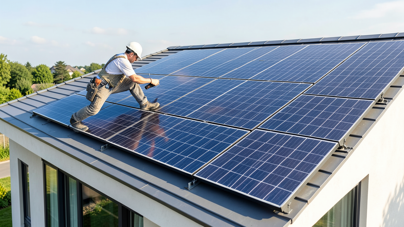 cout pose panneaux photovoltaiques installateur fixant des panneaux sur le toit d'une maison moderne
