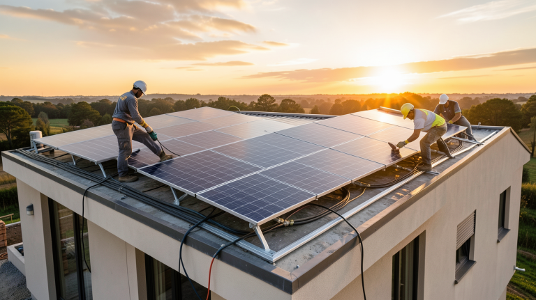 cout pose panneaux solaires : installation de panneaux solaires sur le toit d'une maison avec ouvriers professionnels