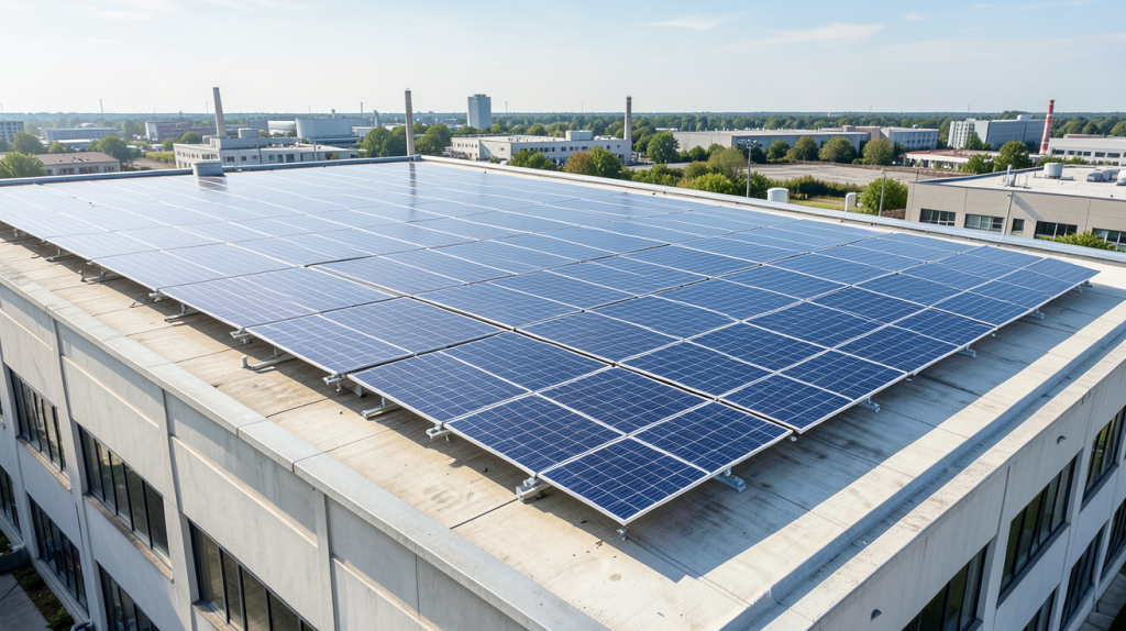 cre photovoltaïque installation de panneaux solaires sur le toit d'un bâtiment industriel, vue en haute résolution