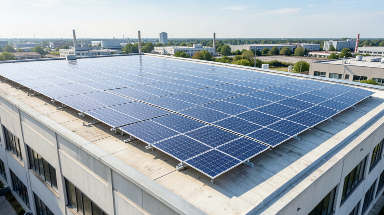 cre photovoltaïque installation de panneaux solaires sur le toit d'un bâtiment industriel, vue en haute résolution