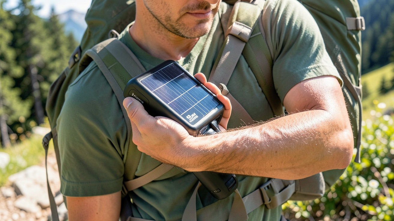 decathlon chargeur solaire installé sur un sac à dos de randonnée en plein soleil pour une charge optimale