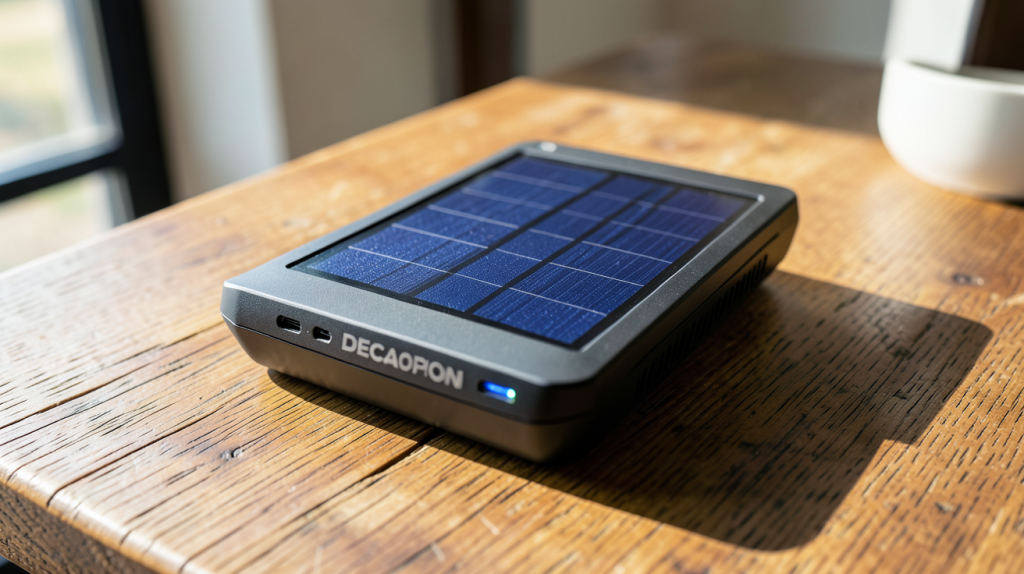 decathlon chargeur solaire posé sur une table en plein jour, capturant la lumière naturelle avec éclat