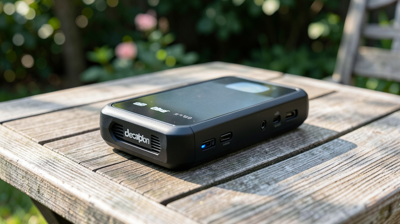 decathlon chargeur solaire posé sur une table de jardin en bois sous un ciel ensoleillé