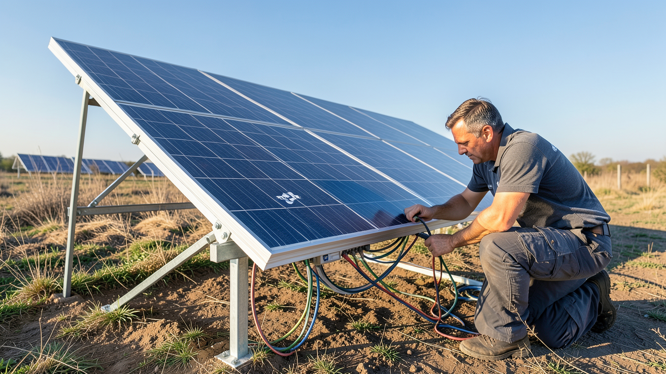 decathlon panneau solaire en cours d'installation sur un terrain avec un technicien vérifiant les connexions électriques