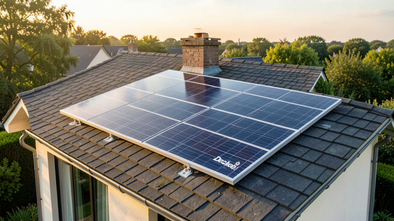 decathlon panneau solaire installé sur le toit d'une maison moderne avec une lumière dorée