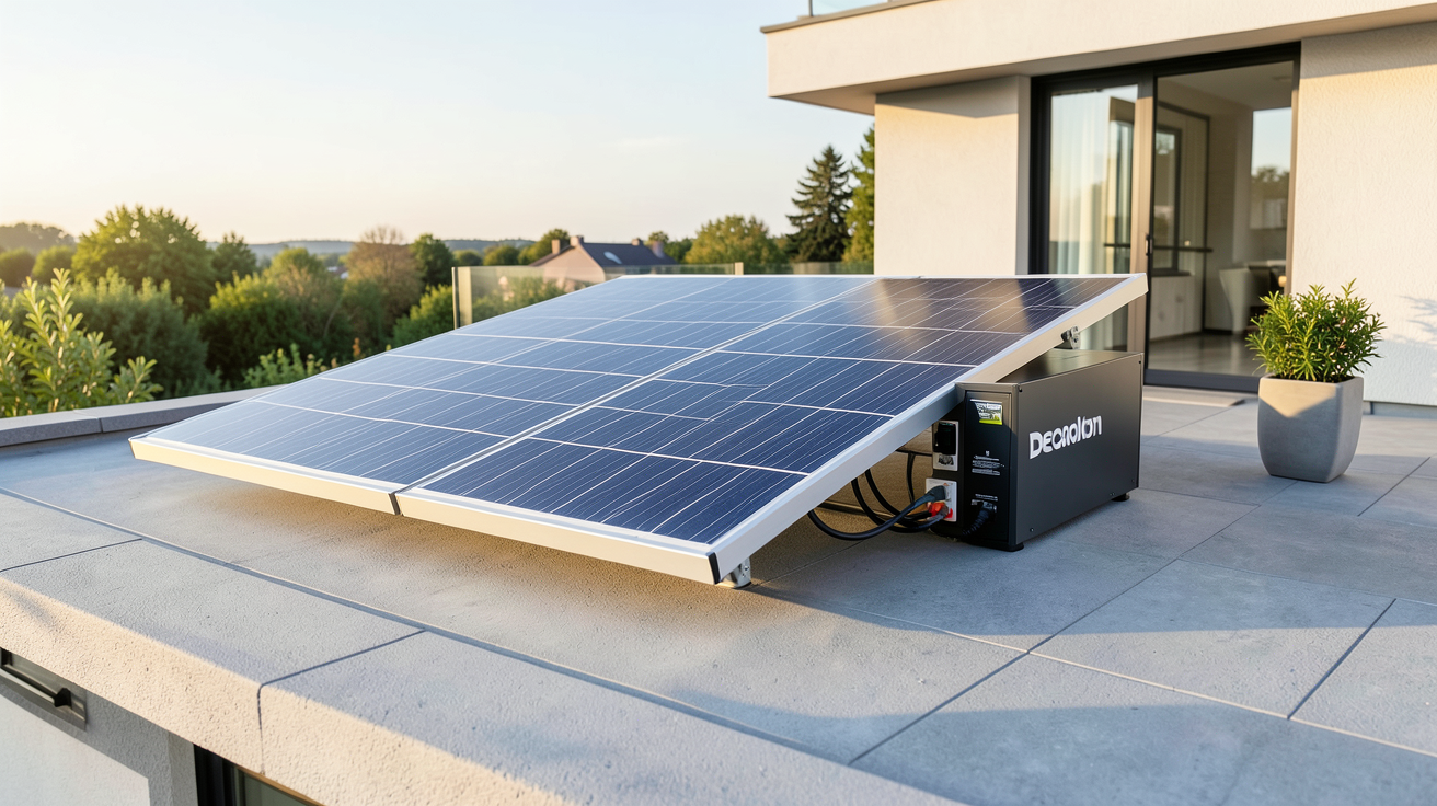 decathlon panneau solaire intégré avec une batterie externe sur un toit de maison moderne