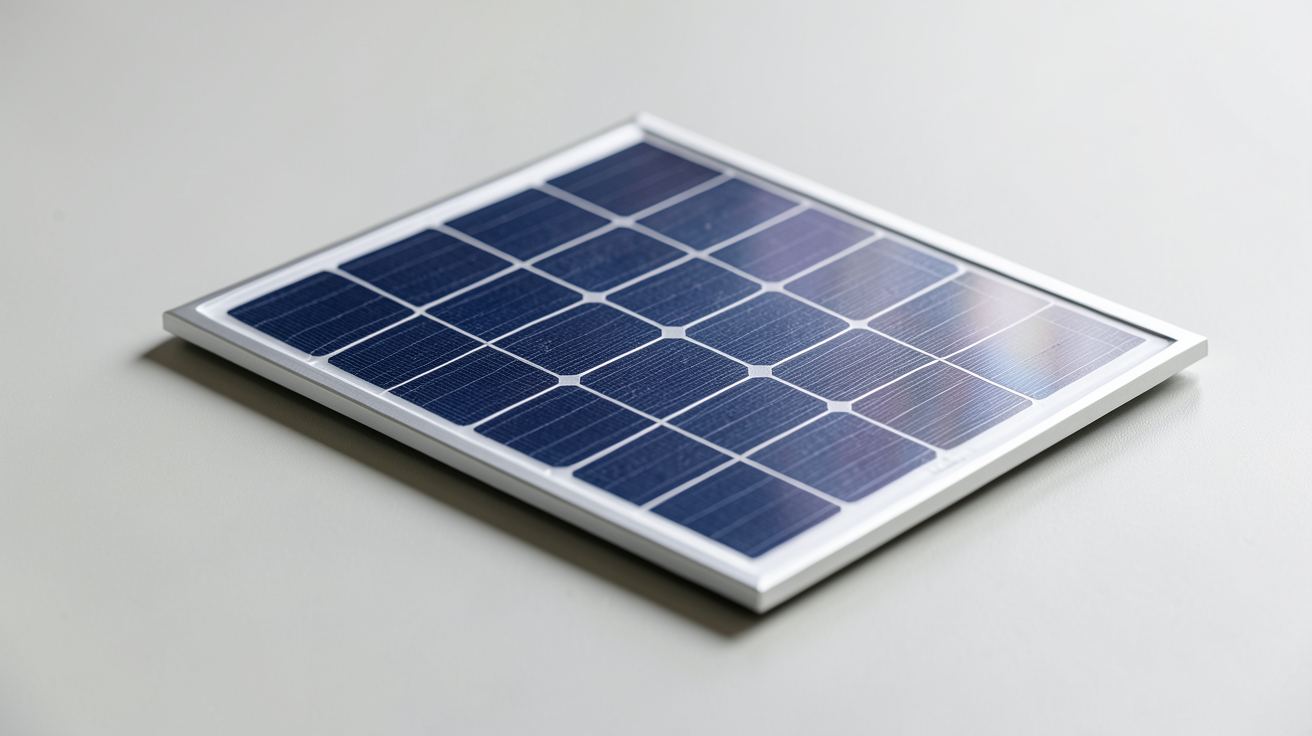 demi cellule photovoltaïque en silicium monocristallin posée sur une surface plane, illustrant son coût et disponibilité en 2025