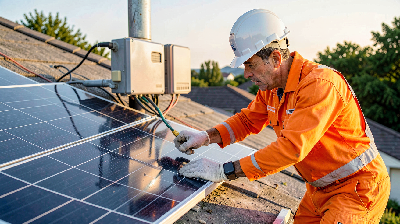 dépannage panneaux photovoltaïques : technicien en combinaison orange inspectant un panneau solaire sur un toit