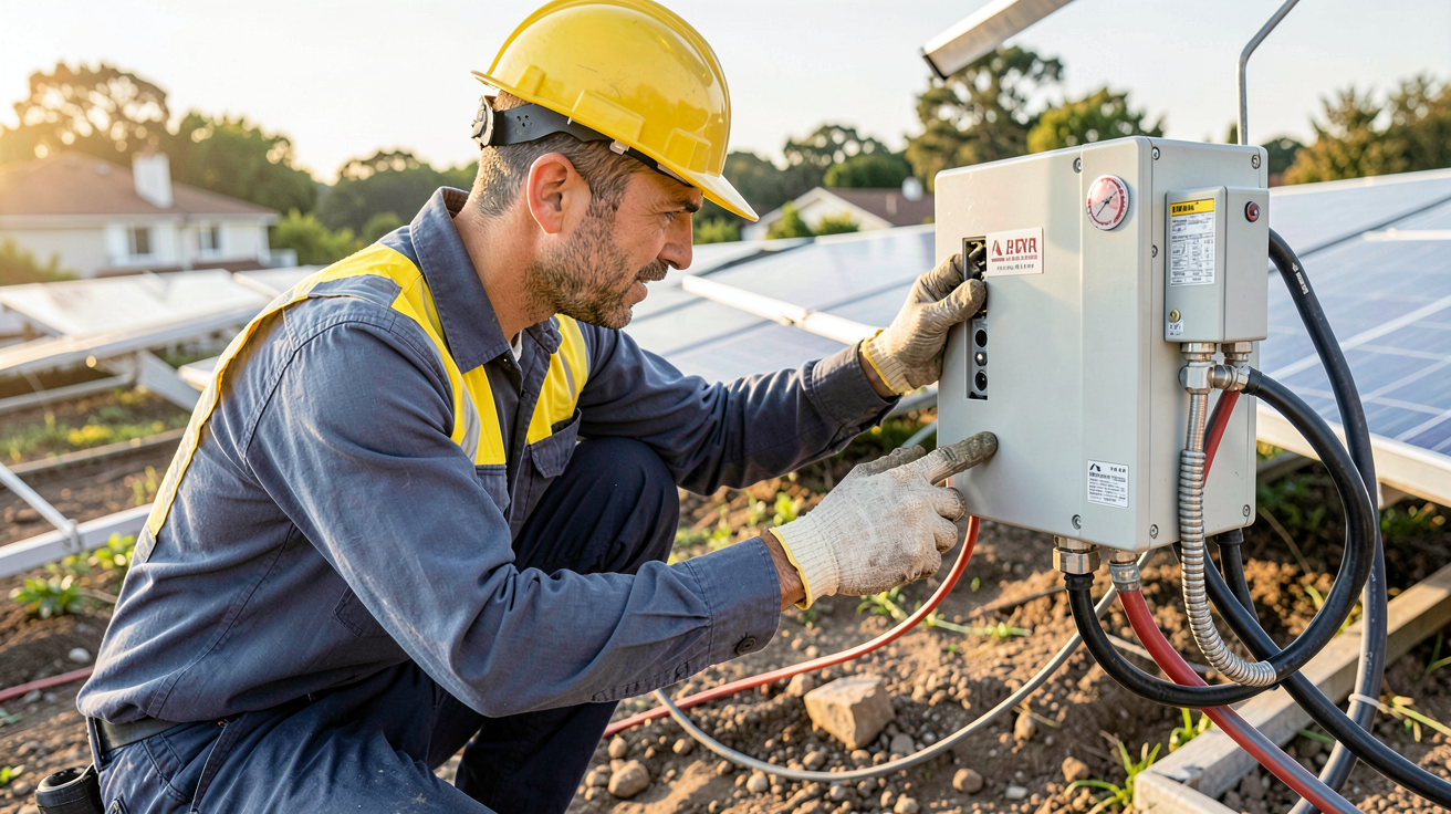 dépannage panneaux photovoltaïques : technicien vérifiant un onduleur solaire défectueux dans une installation résidentielle