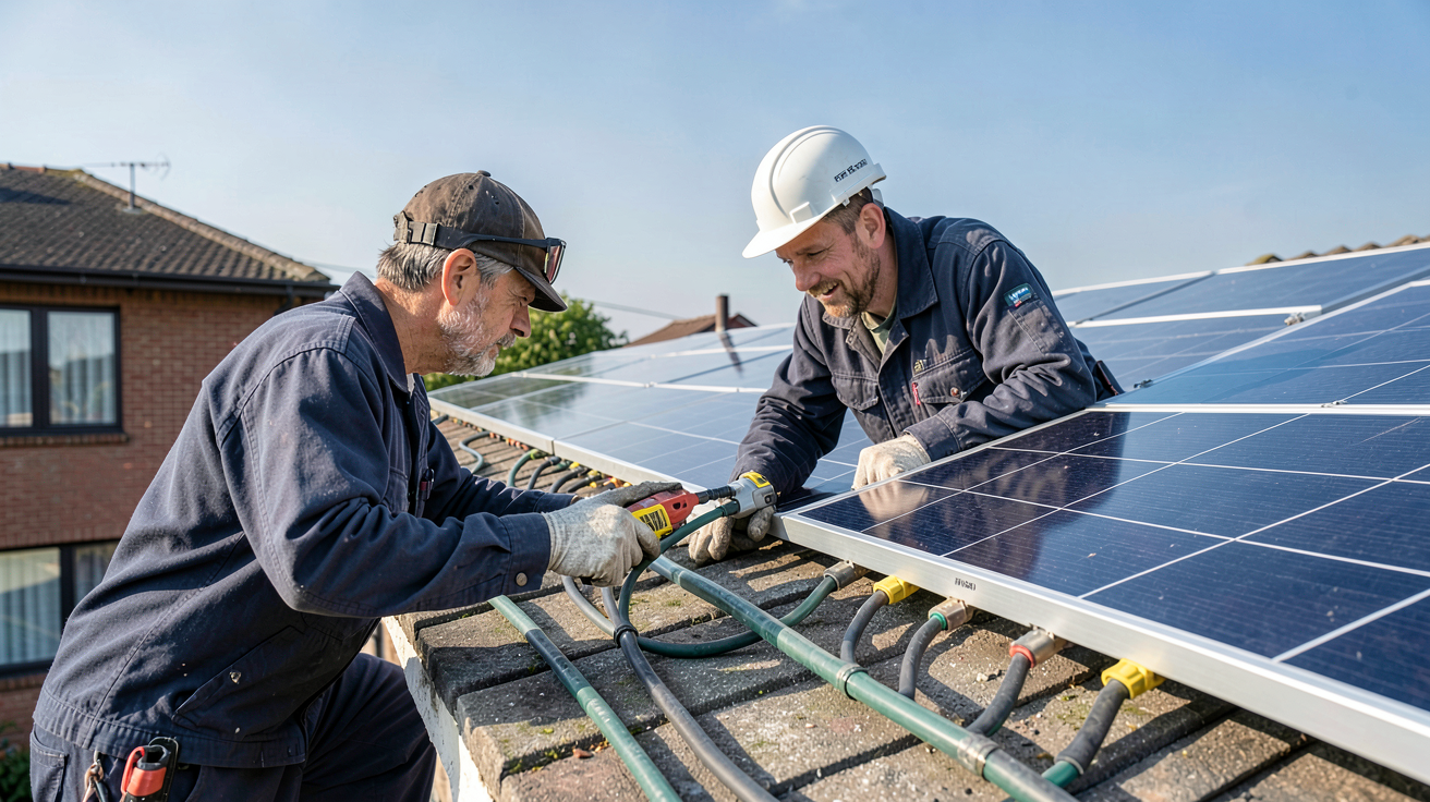 dépannage de panneaux photovoltaïques : technicien inspectant des panneaux solaires sur un toit