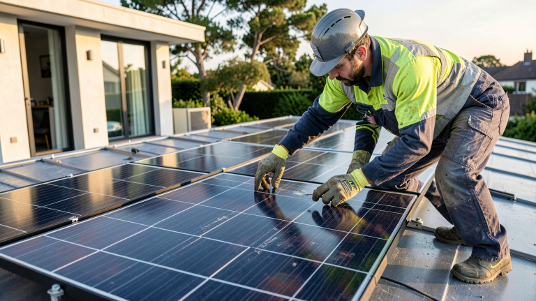 dépannage de panneaux photovoltaïques par un technicien sur le toit d'une maison