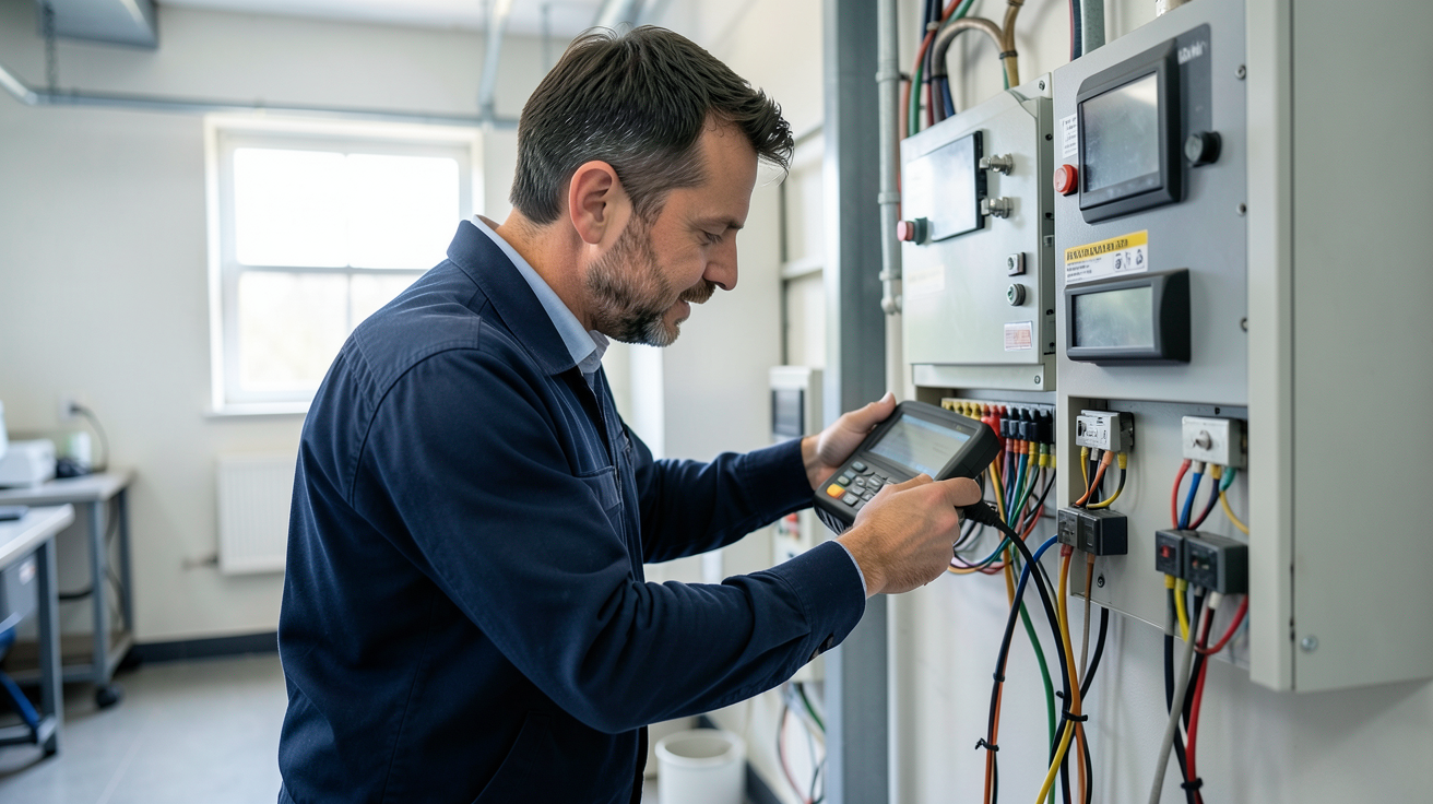 des panneaux installation diagnostic mise en service : professionnel réalisant un diagnostic électrique avec un multimètre sur un tableau de distribution avant l'installation de panneaux solaires