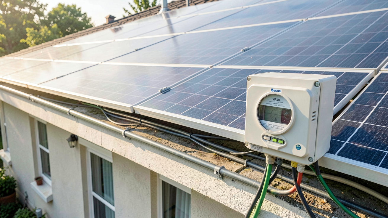 des panneaux solaires installés sur le toit d'une maison avec un compteur électrique pour l'autoconsommation ou la revente d'énergie