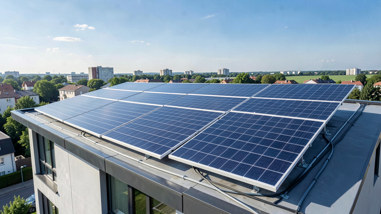 des panneaux solaires installés sur le toit d'une maison moderne en 2025 avec un ciel bleu dégagé