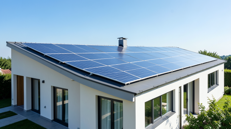 des panneaux solaires installés sur le toit d'une maison moderne sous un ciel dégagé
