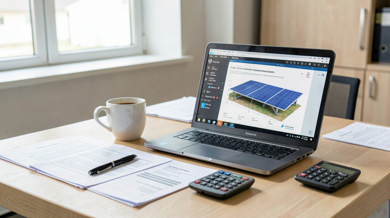 deuxième installation photovoltaïque : bureau professionnel avec documents administratifs et logiciel de conception photovoltaïque
