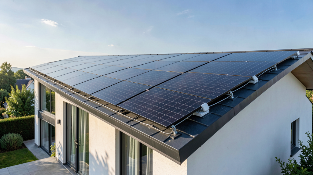 deuxième installation photovoltaïque sur le toit d'une maison moderne avec des panneaux solaires noirs alignés