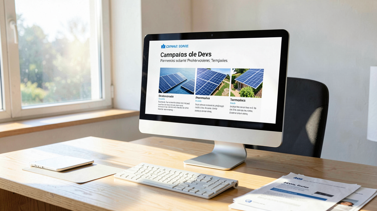 devis en ligne pour panneaux solaires photovoltaïques et thermiques affichés sur un écran d'ordinateur dans un bureau moderne