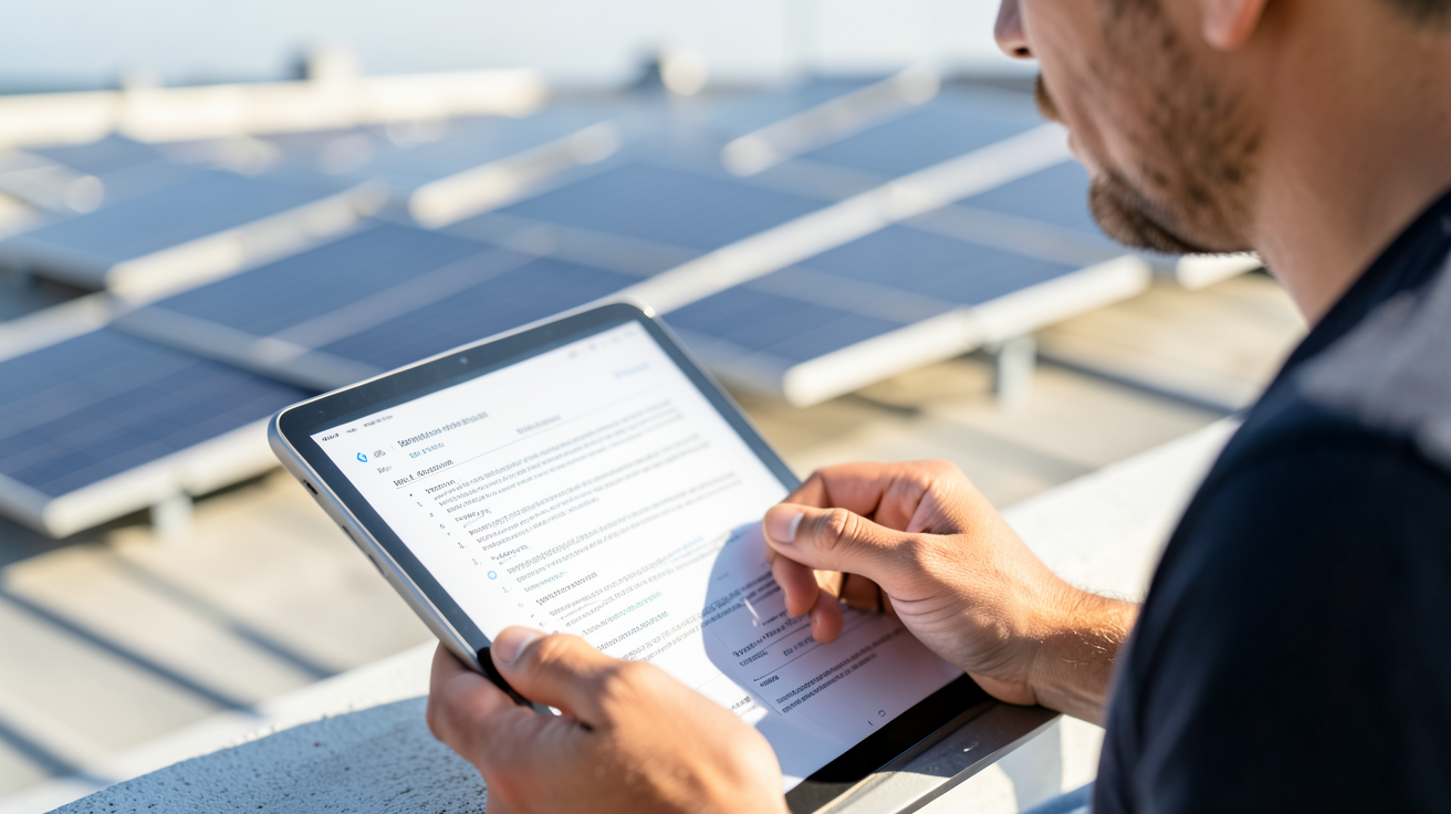 devis en ligne panneaux photovoltaïques affiché sur une tablette numérique avec des panneaux solaires en arrière-plan
