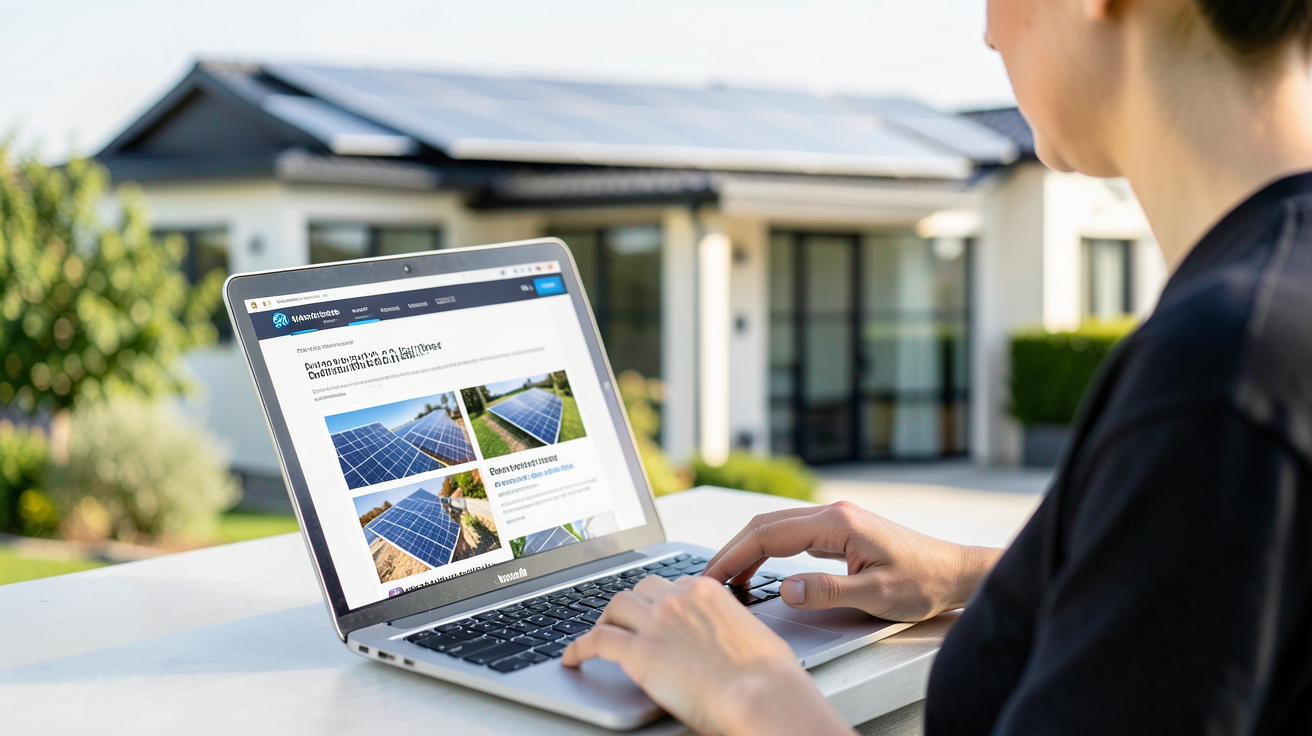 devis en ligne panneaux photovoltaïques consultés sur un ordinateur portable dans un environnement domestique lumineux