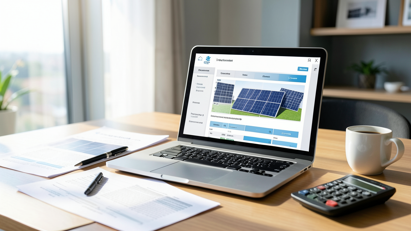 devis gratuit panneau solaire : tableau comparatif de devis pour panneaux solaires sur un ordinateur portable avec documents et accessoires de bureau