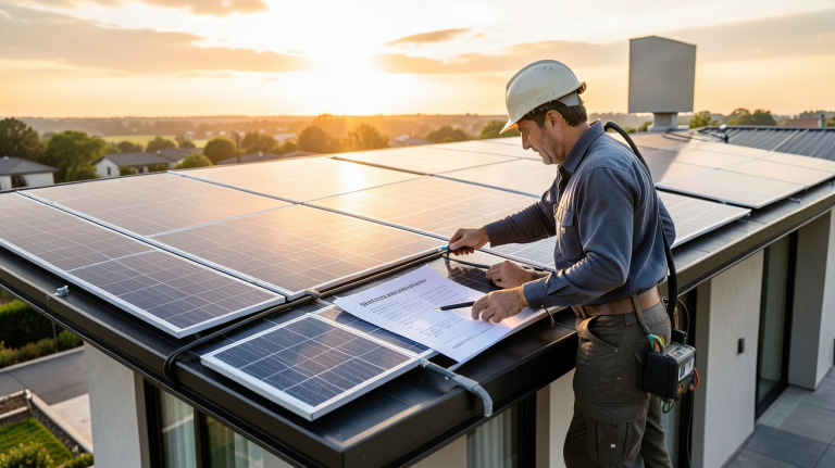 devis gratuit panneau solaire présenté par un installateur sur le toit d'une maison moderne