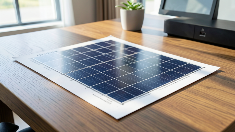 devis installation panneau solaire posé sur un bureau lumineux avec un ordinateur portable et des documents