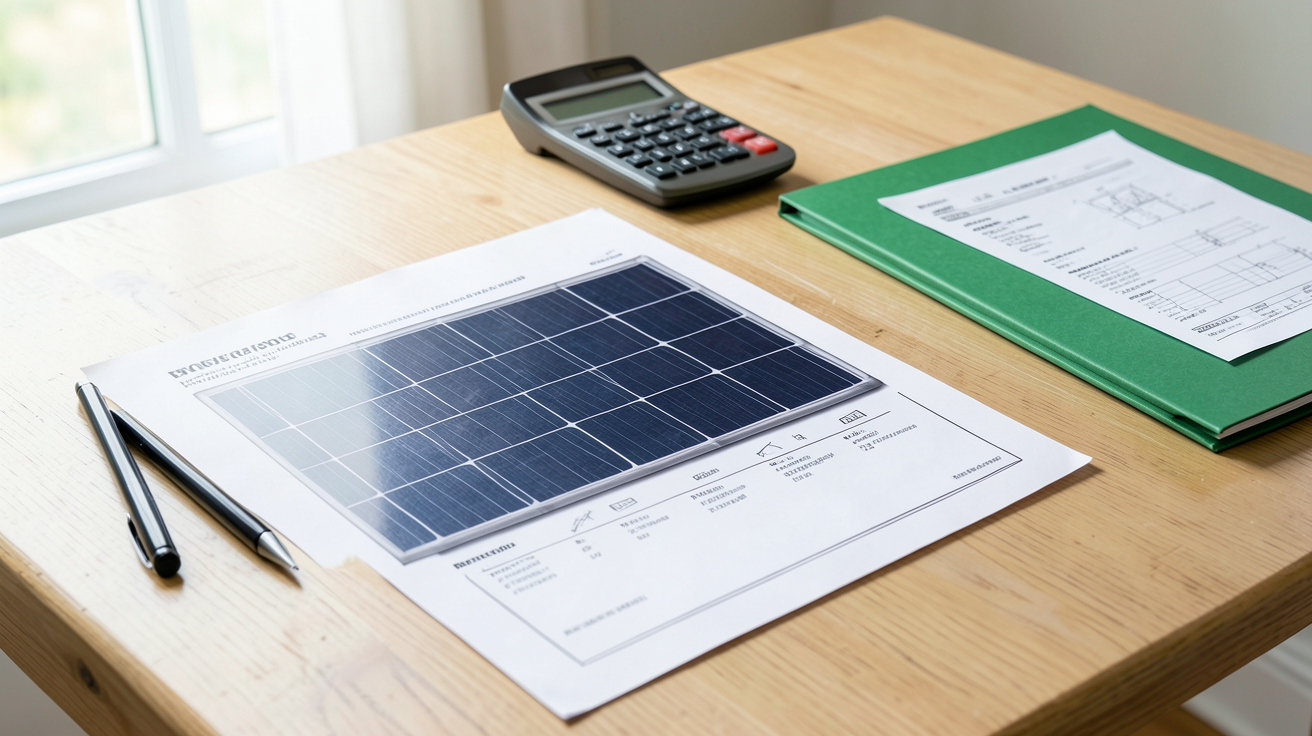 devis installation panneau solaire avec checklist complète posé sur une table en bois clair entouré d'un stylo et d'une calculatrice