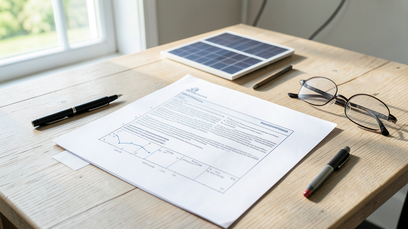 devis installation panneau solaire photovoltaique avec contrat détaillé et accessoires sur une table en bois