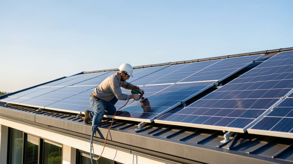 devis installation panneau solaire photovoltaïque en cours sur le toit d'une maison moderne