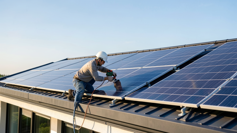 devis installation panneau solaire photovoltaïque en cours sur le toit d'une maison moderne