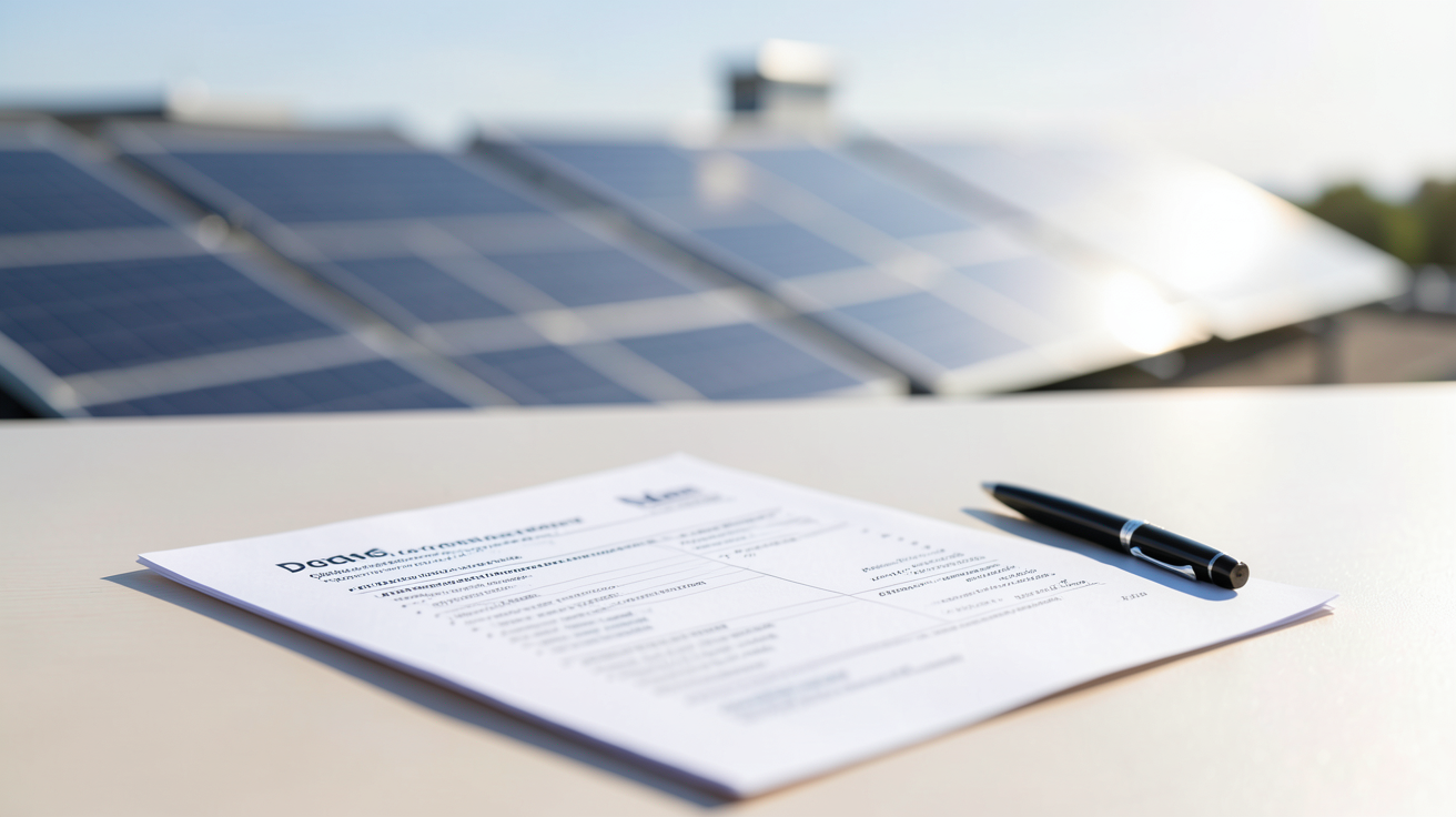 devis installation panneaux photovoltaiques posé sur un bureau avec des panneaux solaires en arrière-plan