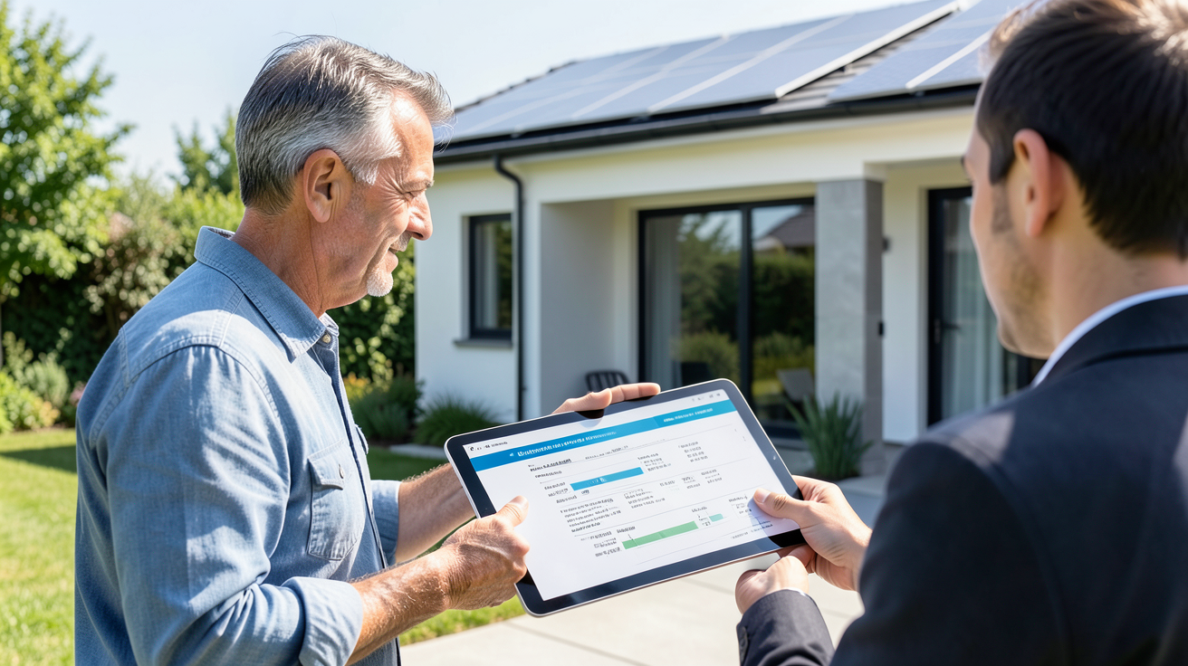 devis installation panneaux photovoltaiques présenté par un expert à un client devant une maison équipée de panneaux solaires