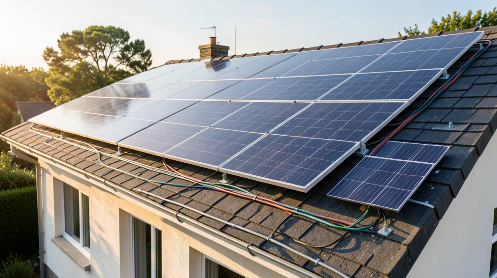 devis installation panneaux photovoltaiques affiché sur une table avec des panneaux solaires en arrière-plan