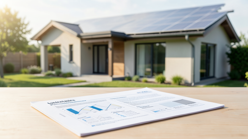 devis installation photovoltaique posé sur une table avec une maison équipée de panneaux solaires en arrière-plan