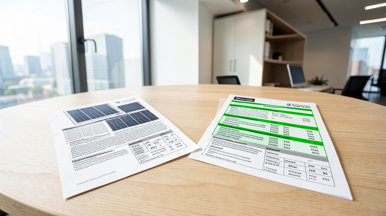 devis installation solaire analysé avant et après optimisation sur une table en bois clair