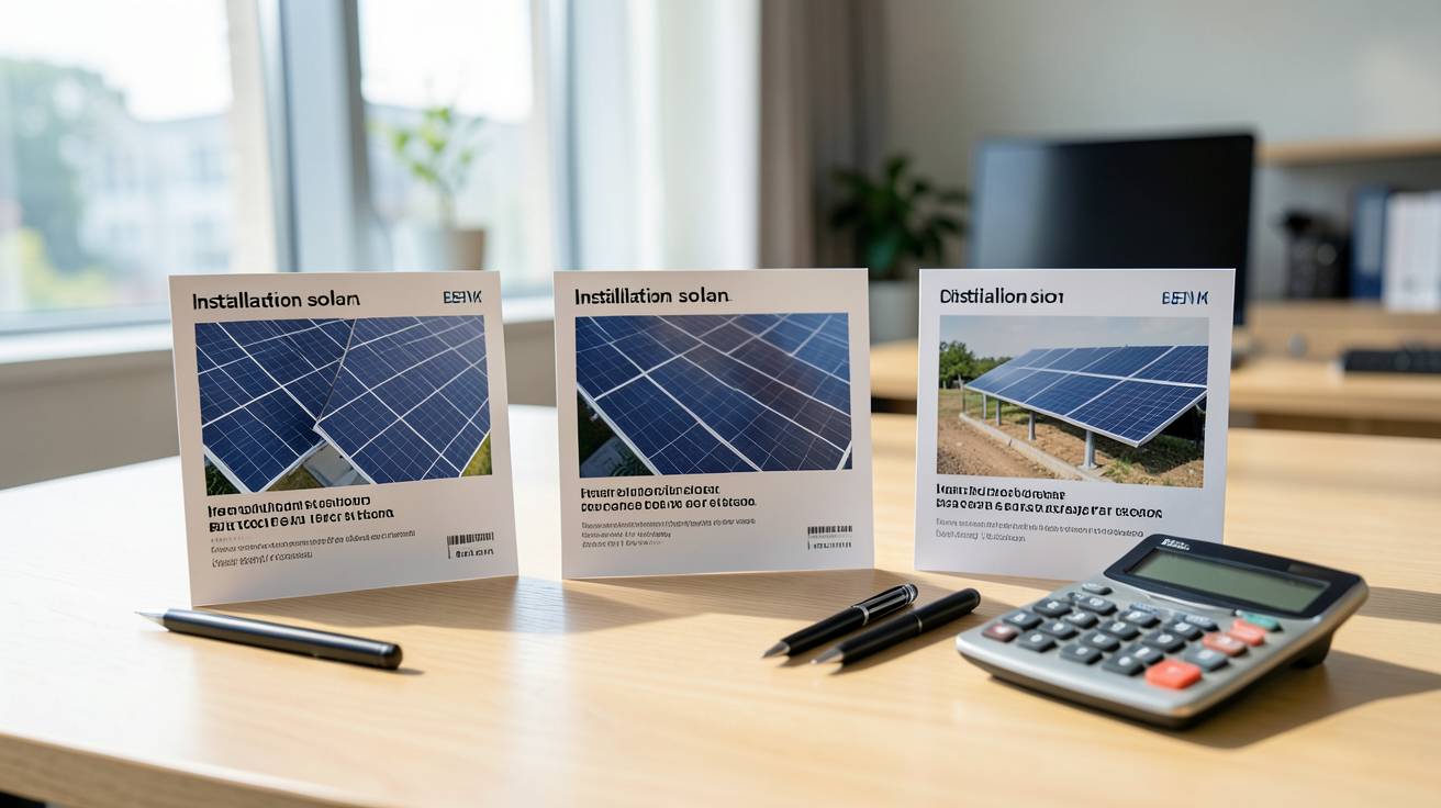 devis installation solaire posés sur une table avec stylos et calculatrice pour comparaison