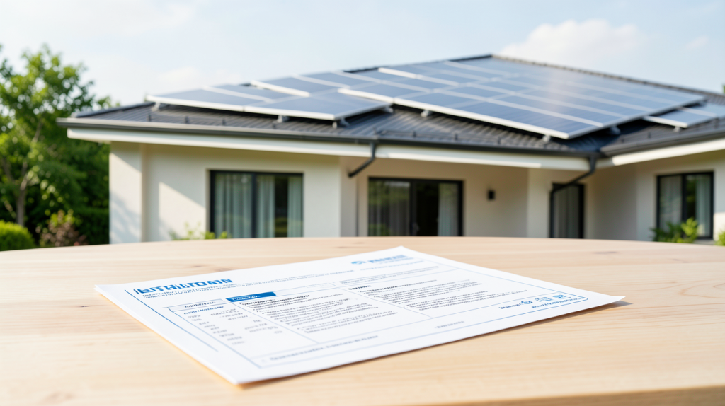 devis installation solaire posé sur une table avec panneaux photovoltaïques en arrière-plan sur une maison moderne